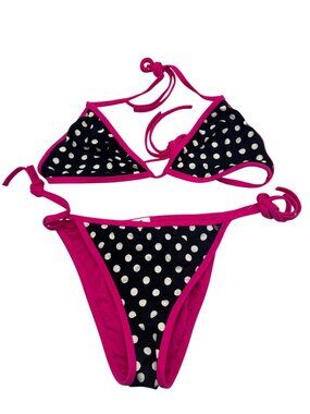 Vero Moda XS Polka Dot Bikini Black & Pink Womens Swimwear Adjustable Ties Nylon